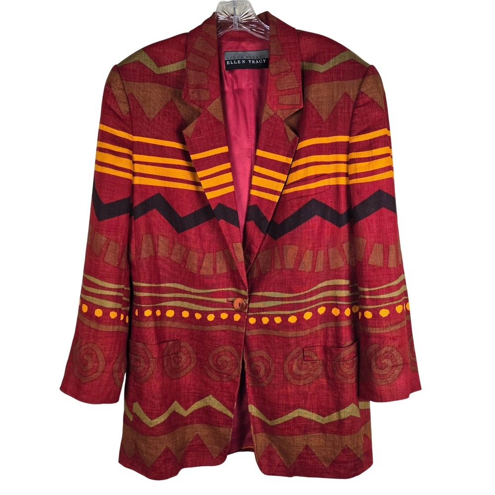 VTG Linda Allard Ellen Tracy 100% Linen Blazer Jacket‎ Sz 8 Art to Wear Abstract
